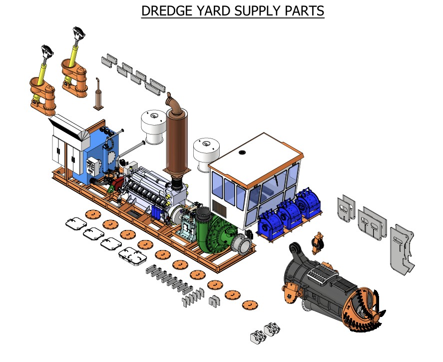 Dredge Yard supply parts — complete skid assembly with pump, hydraulics, control panel and cutter components