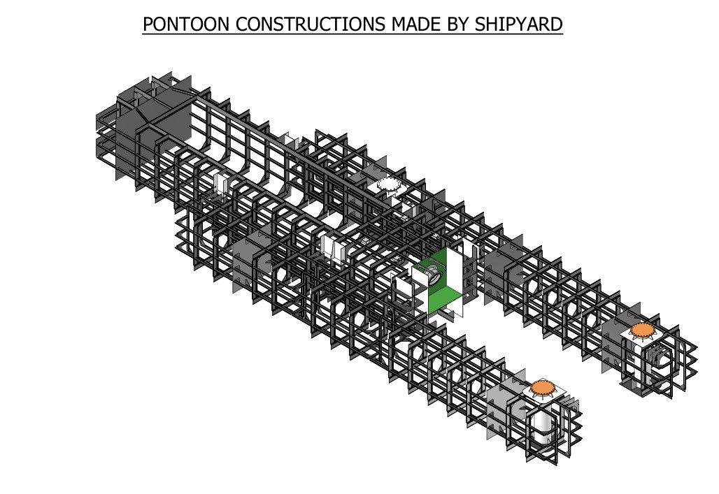 Pontoon hull internal framework — stiffeners and structural steelwork by shipyard